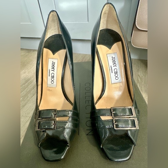 Jimmy Choo Metallic Gray Patent Leather Double Buckle Pumps - Picture 5 of 15